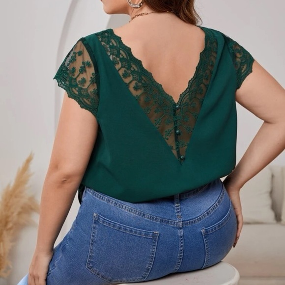 Tops - Plus size luxe contrast embroidered lace mesh blouse